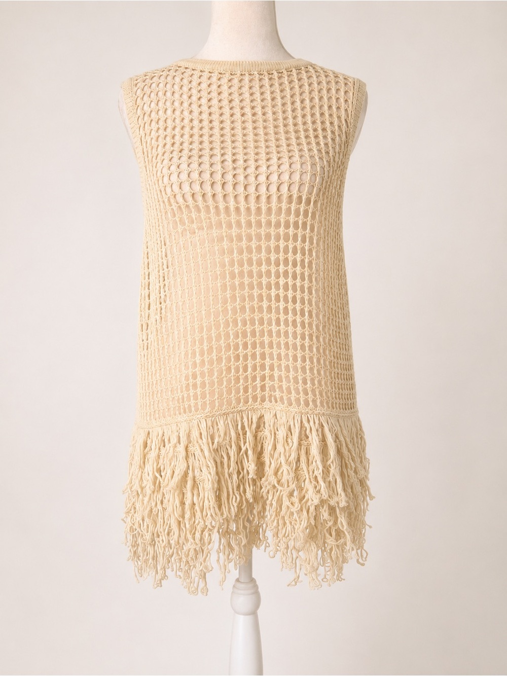 Cream Crochet Fringe Sleeveless Tunic - NWT